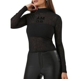 Forever 21 Ribbed “AMOR” Mock Neck Top – Black Small NWT